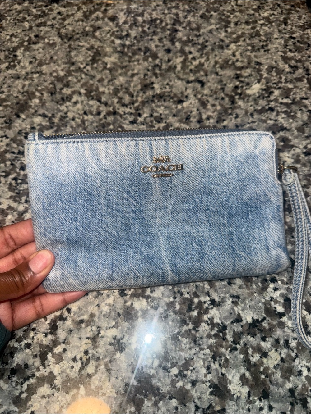Coach Light Denim Wristlet with Silver Logo